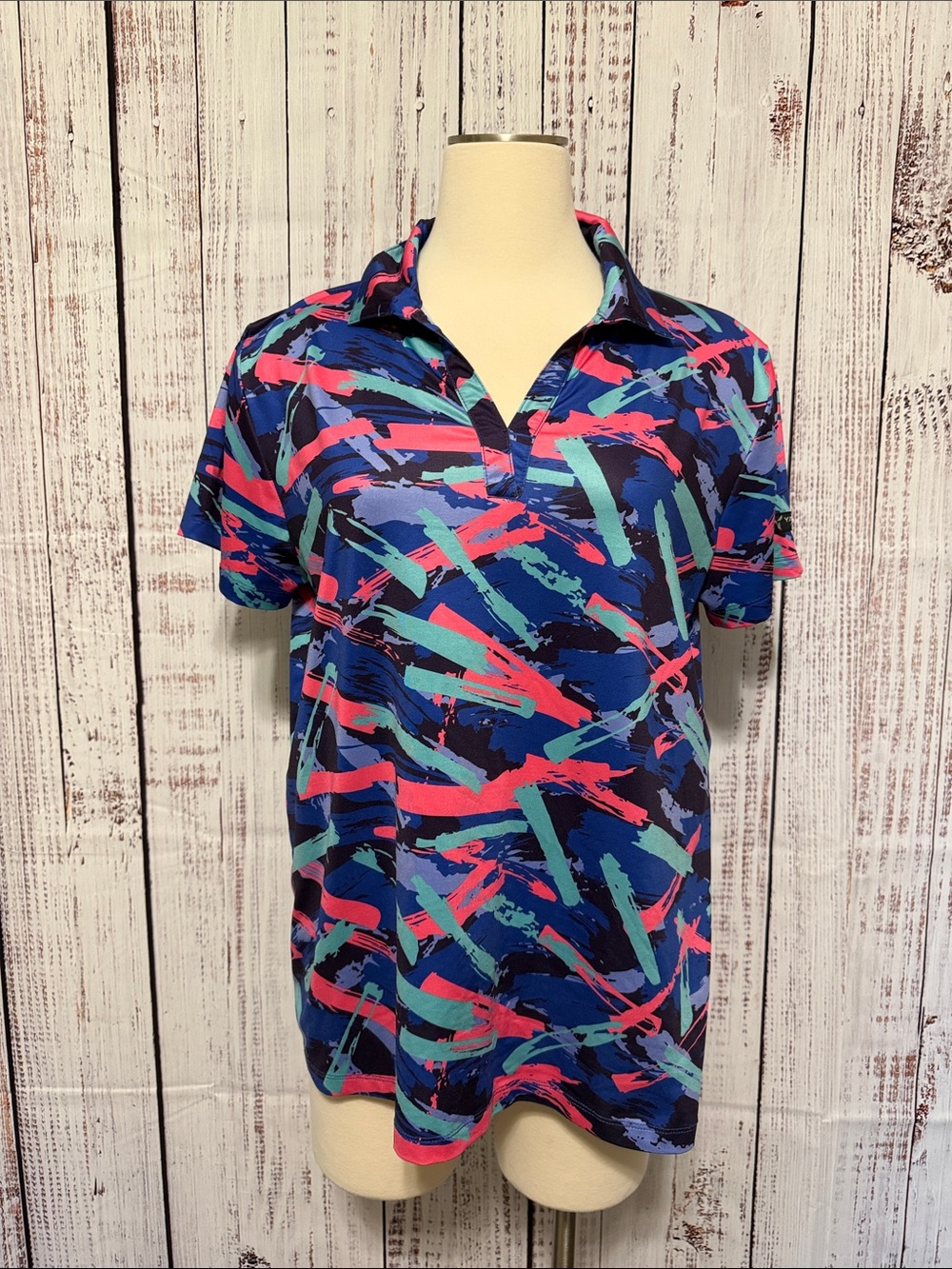 Women's Short Sleeve Polo Top in Navy Abstract Print